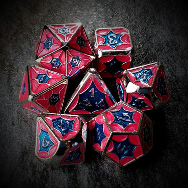 Pink & Blue Spider's Web in Silver Metal - 7pcs RPG Dice Set